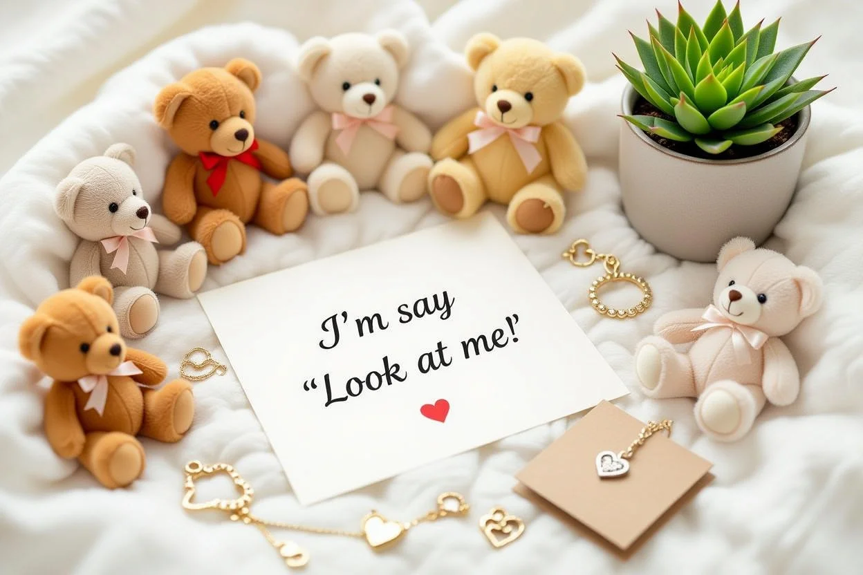 Collection of meaningful everyday romantic gifts including teddy bears and love notes