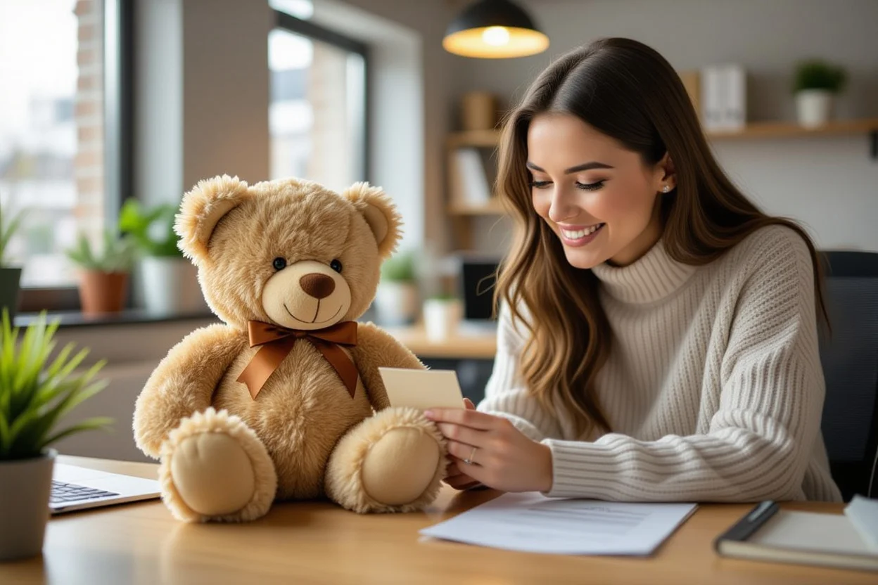 Woman receiving surprise teddy bear romantic gift at work - everyday love gestures
