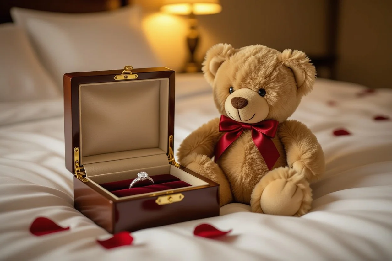 Surprise teddy bear with hidden compartment containing engagement ring - romantic gift idea