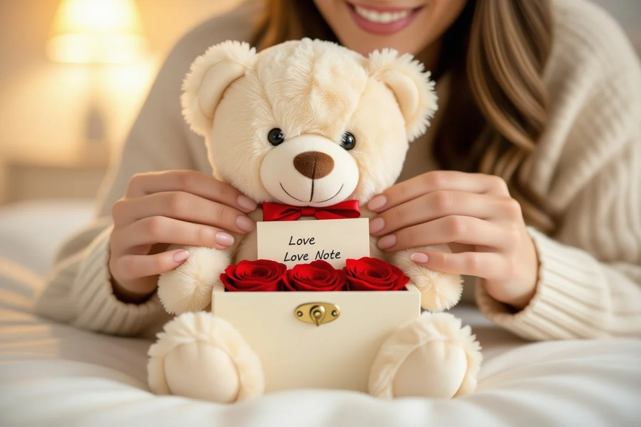 Woman discovering surprise inside teddy bear hidden compartment - romantic gift opening moment