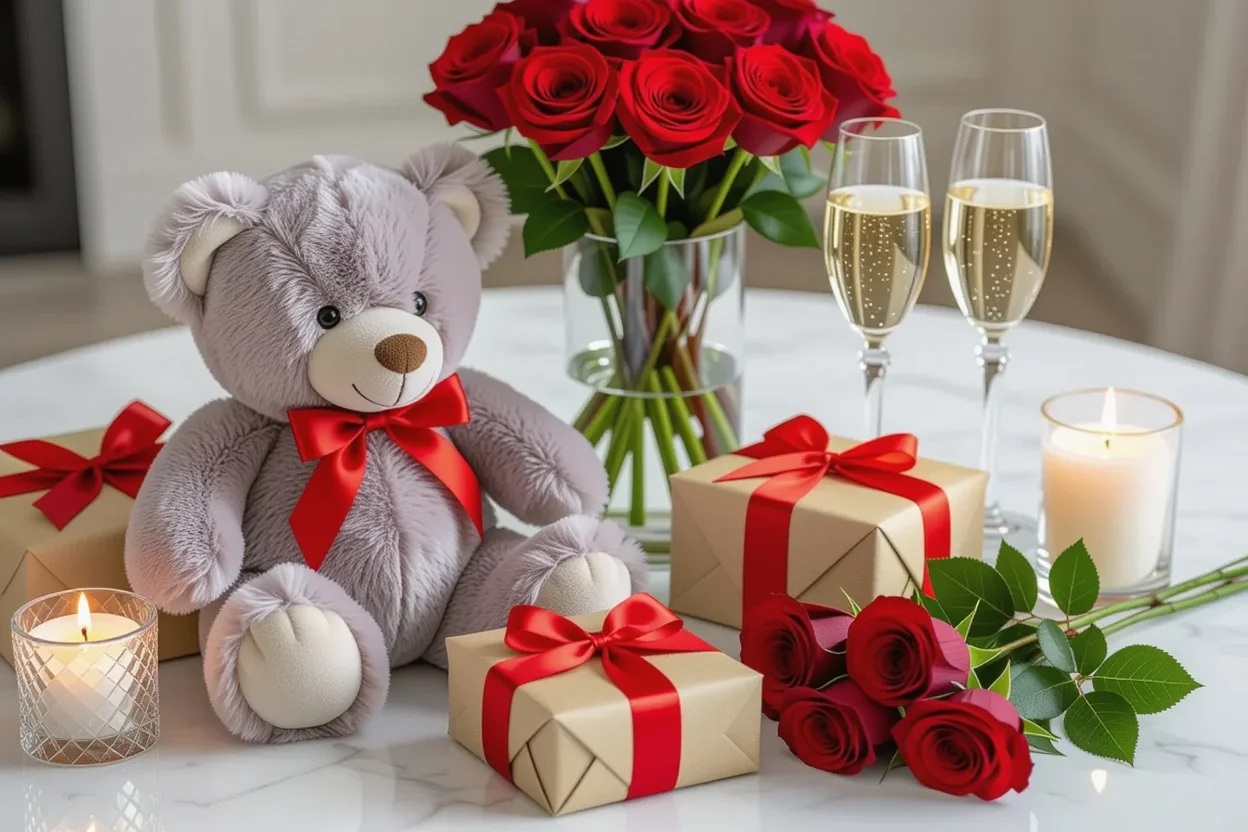 Romantic gift arrangement with teddy bear and roses - luxury Valentine's Day gift setup