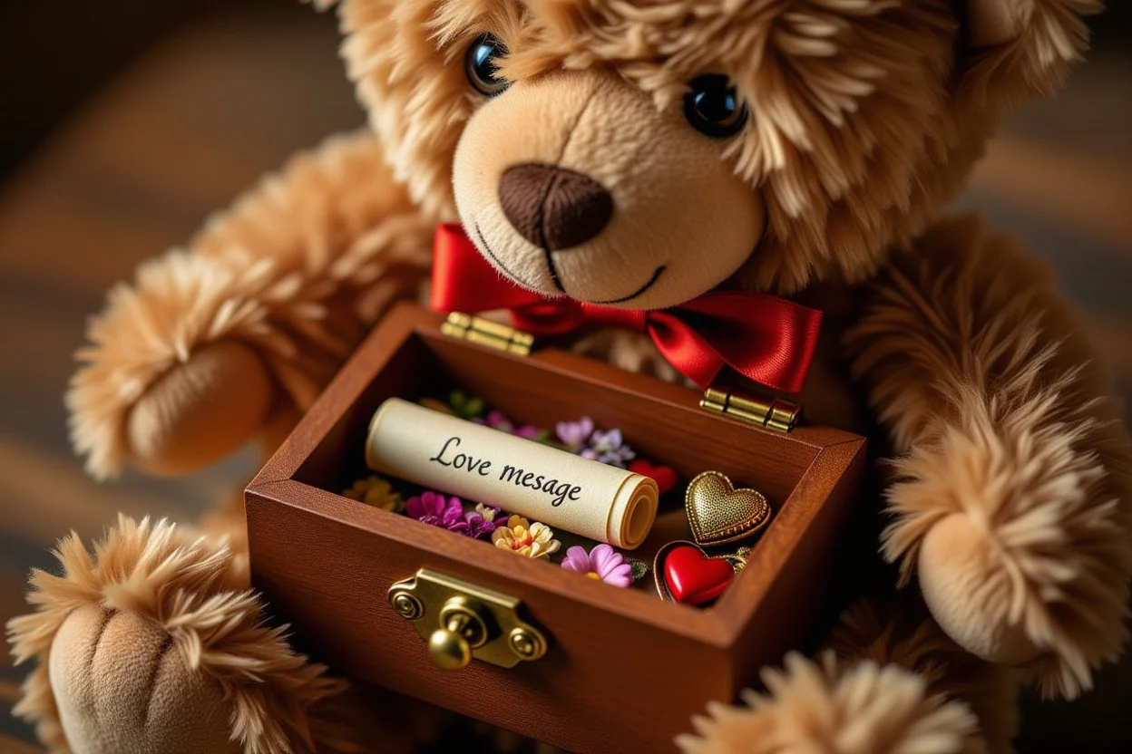 Close-up of teddy bear hidden compartment mechanism with romantic surprise gifts inside