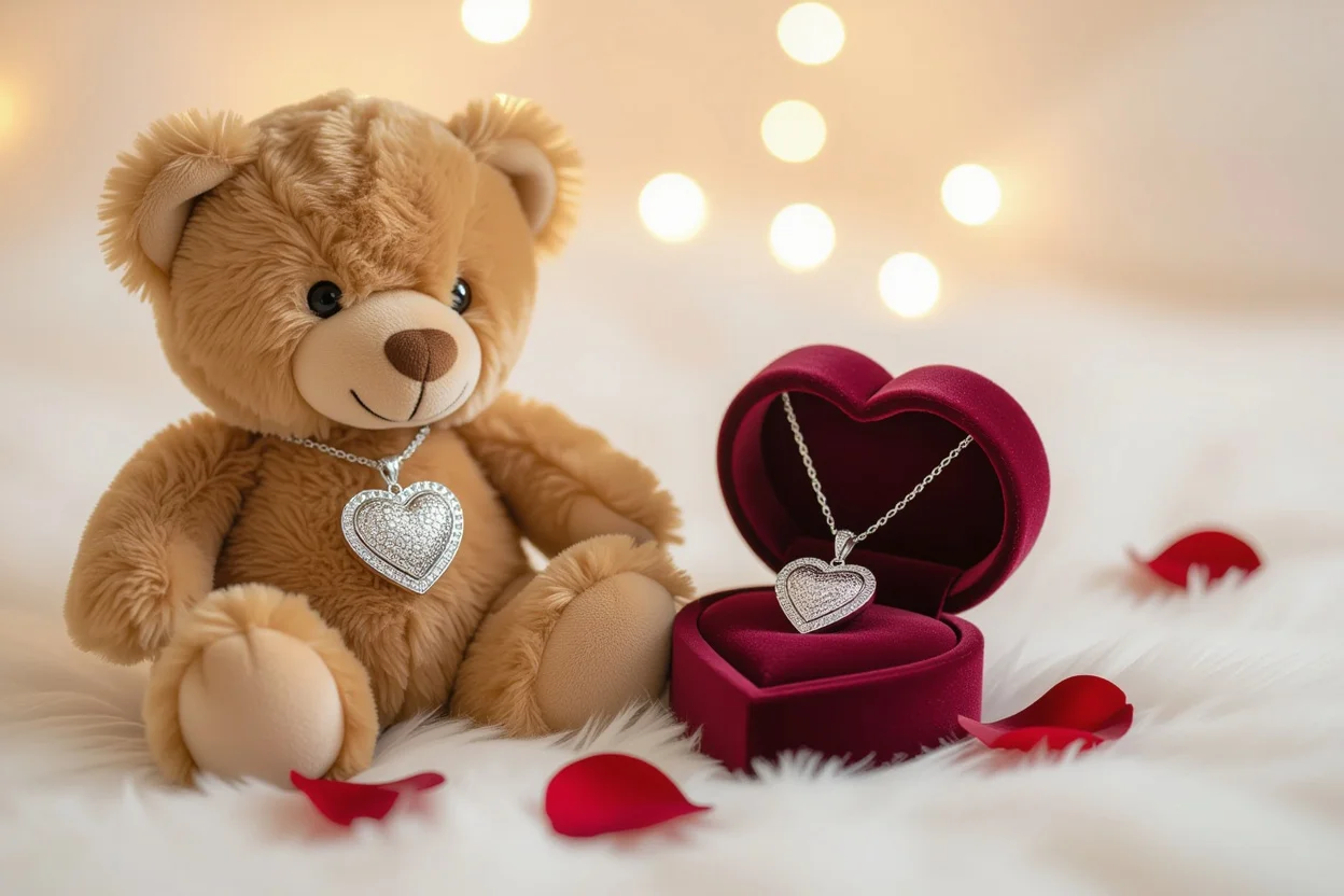Teddy bear with hidden necklace compartment showing romantic surprise gift for girlfriend