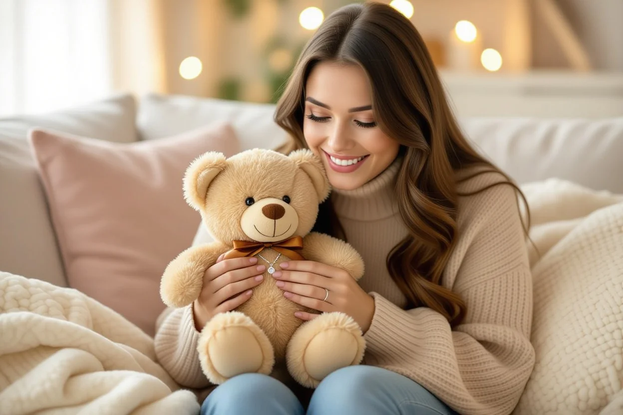 Woman discovering surprise necklace hidden in romantic teddy bear gift