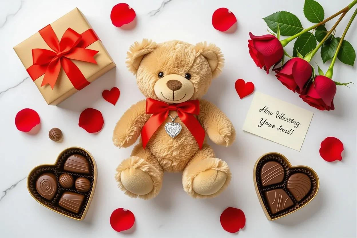 Romantic gifts collection featuring teddy bear with hidden jewelry for Valentine's Day