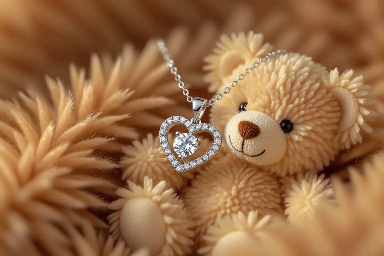 Close-up of diamond heart necklace hidden inside romantic teddy bear surprise gift