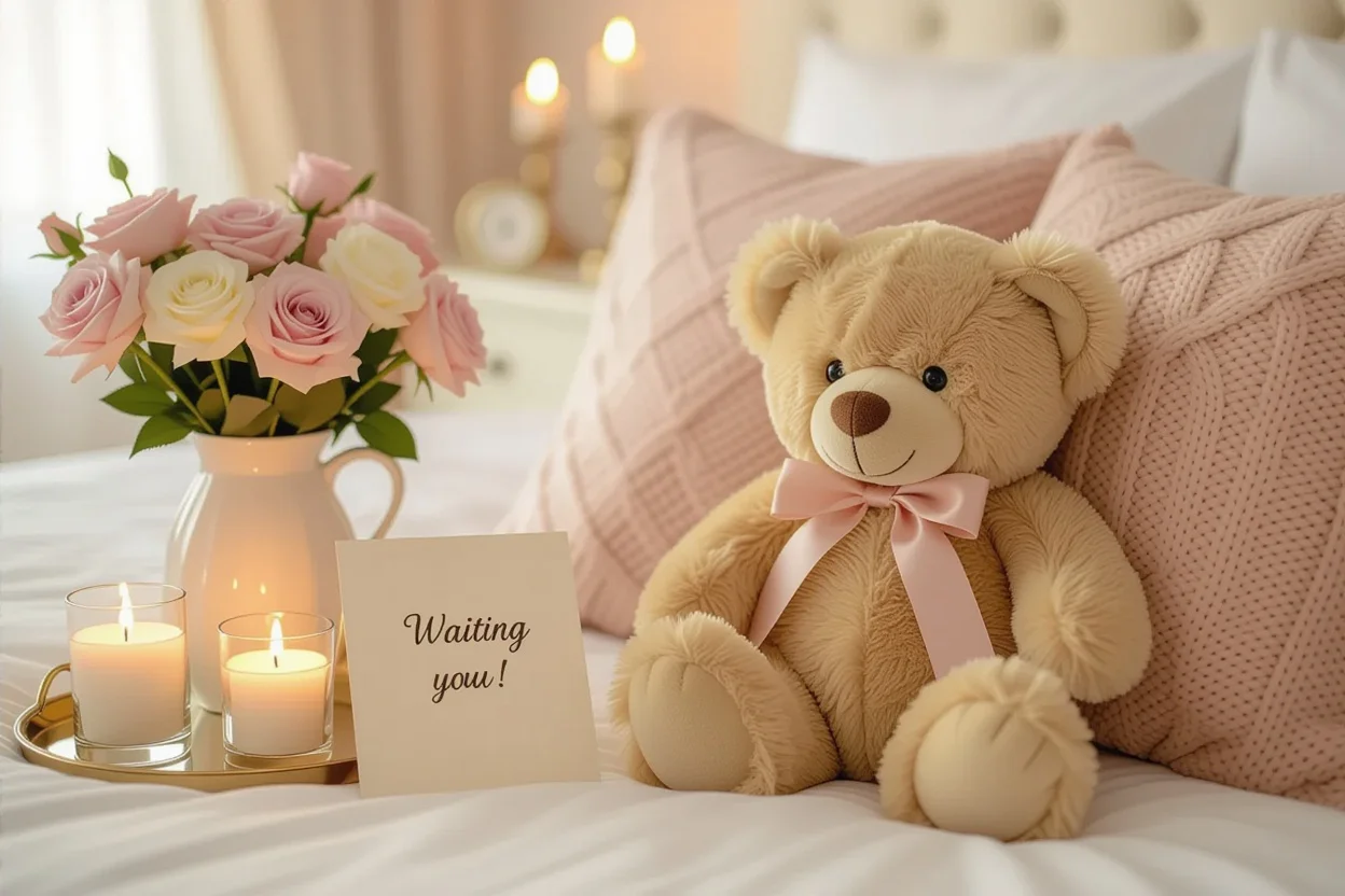 Romantic teddy bear gift setup in cozy home setting - thoughtful surprise for everyday moments