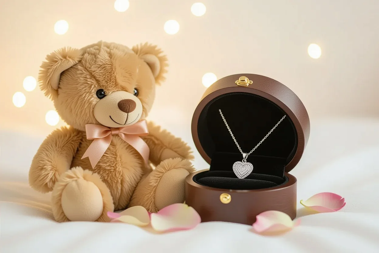 Romantic teddy bear with hidden necklace compartment revealing heart pendant surprise gift