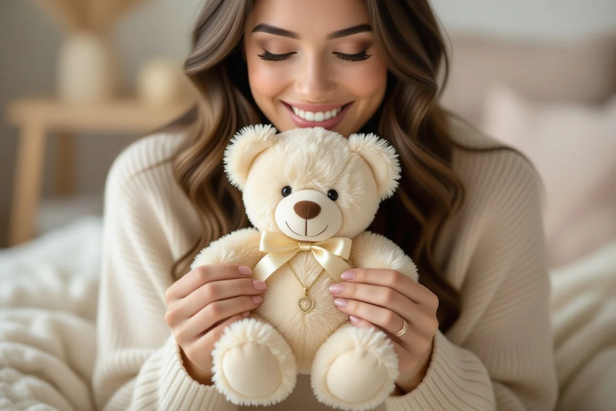 Happy woman discovering hidden necklace surprise inside romantic teddy bear gift