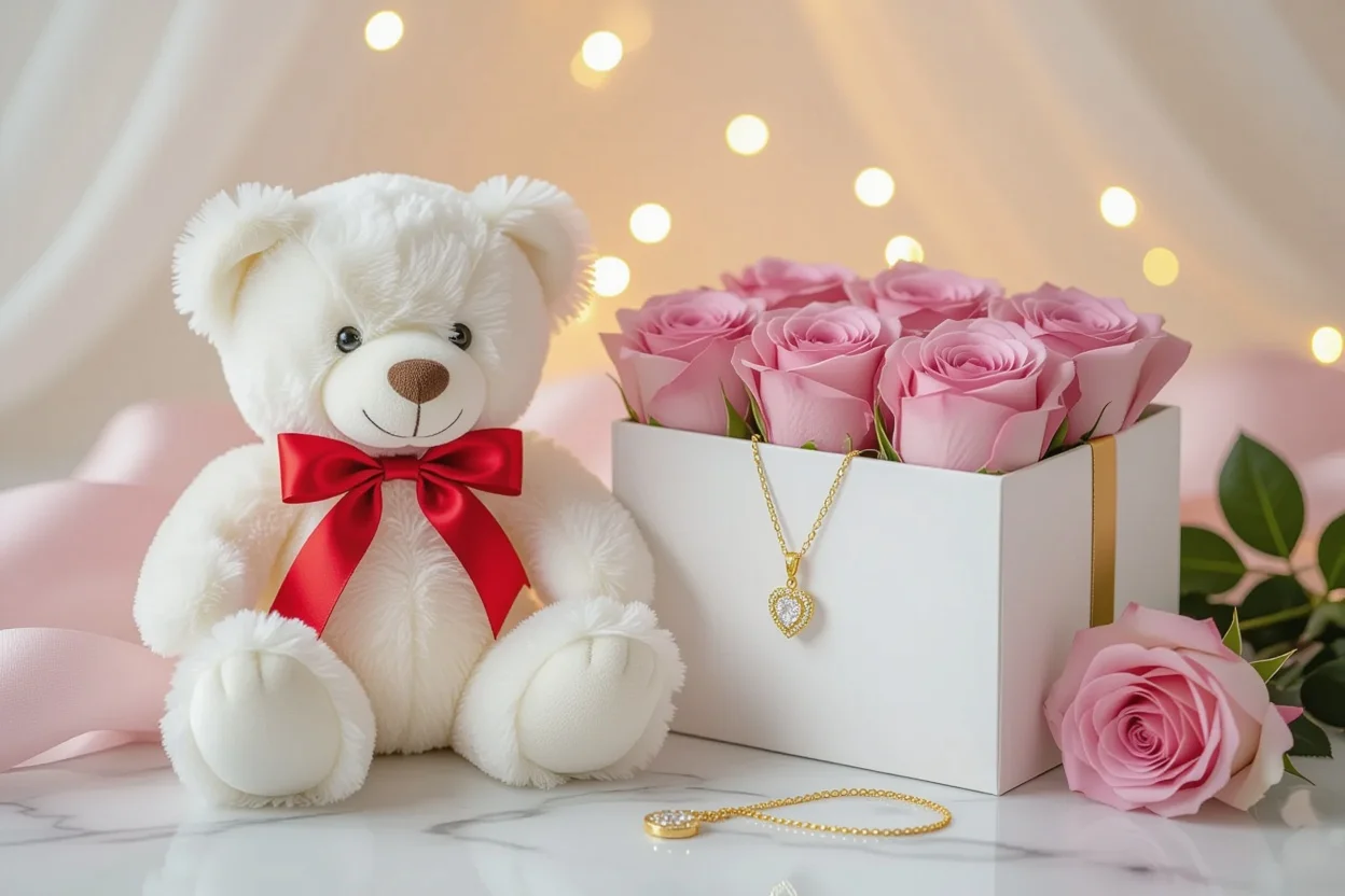 Elegant romantic gift display with white teddy bear, preserved roses, and hidden necklace surprise