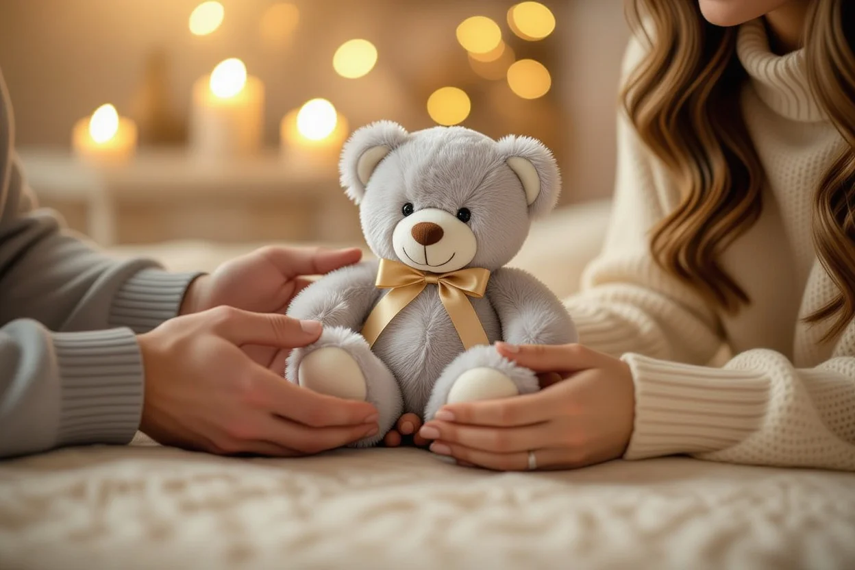 Romantic couple exchanging teddy bear gift in intimate moment with warm lighting