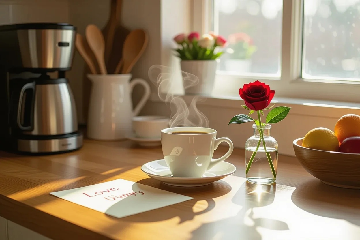 Romantic morning surprise with coffee, rose, and love note on kitchen counter