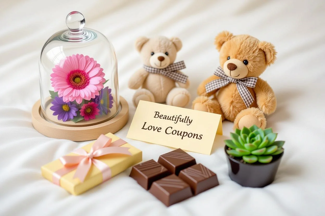 Collection of small romantic everyday gifts including preserved flowers, teddy bear, and love coupons