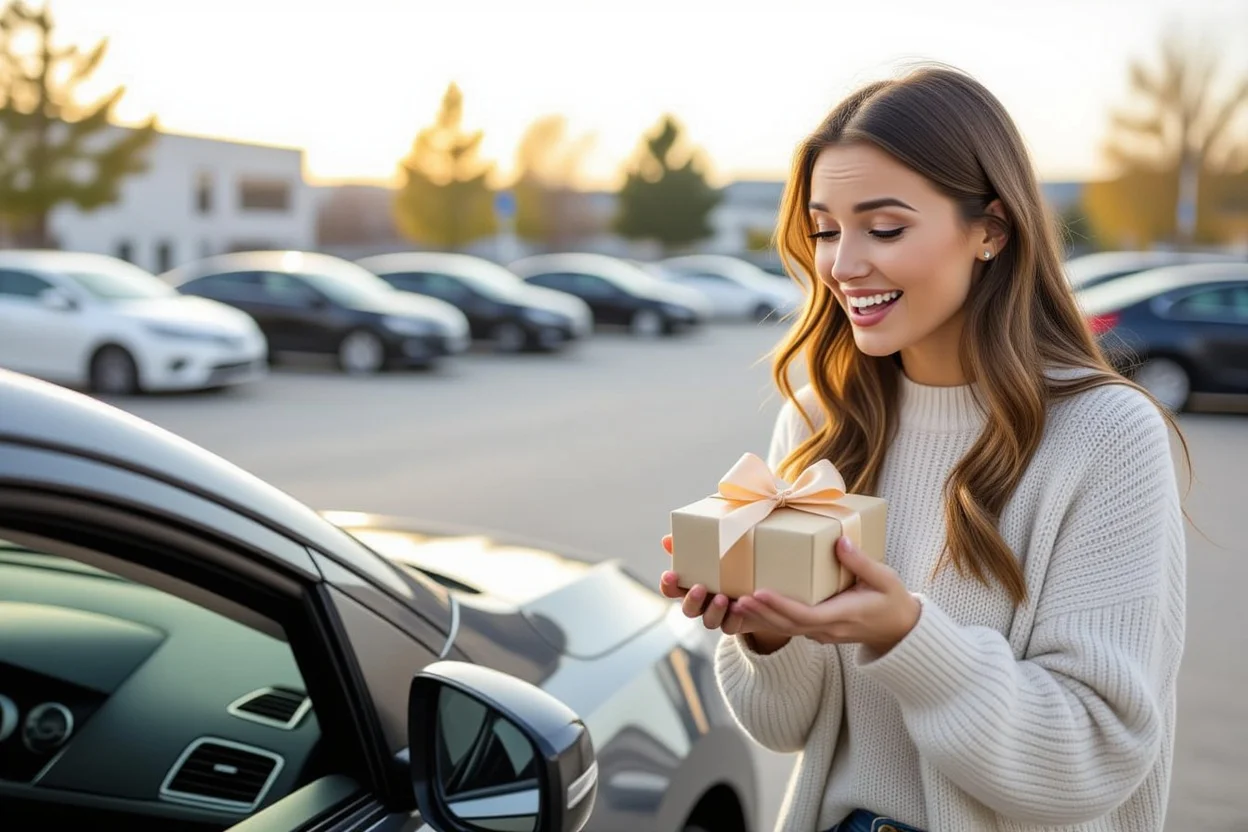 Woman discovering surprise gift box on car dashboard, showing joy and unexpected delight