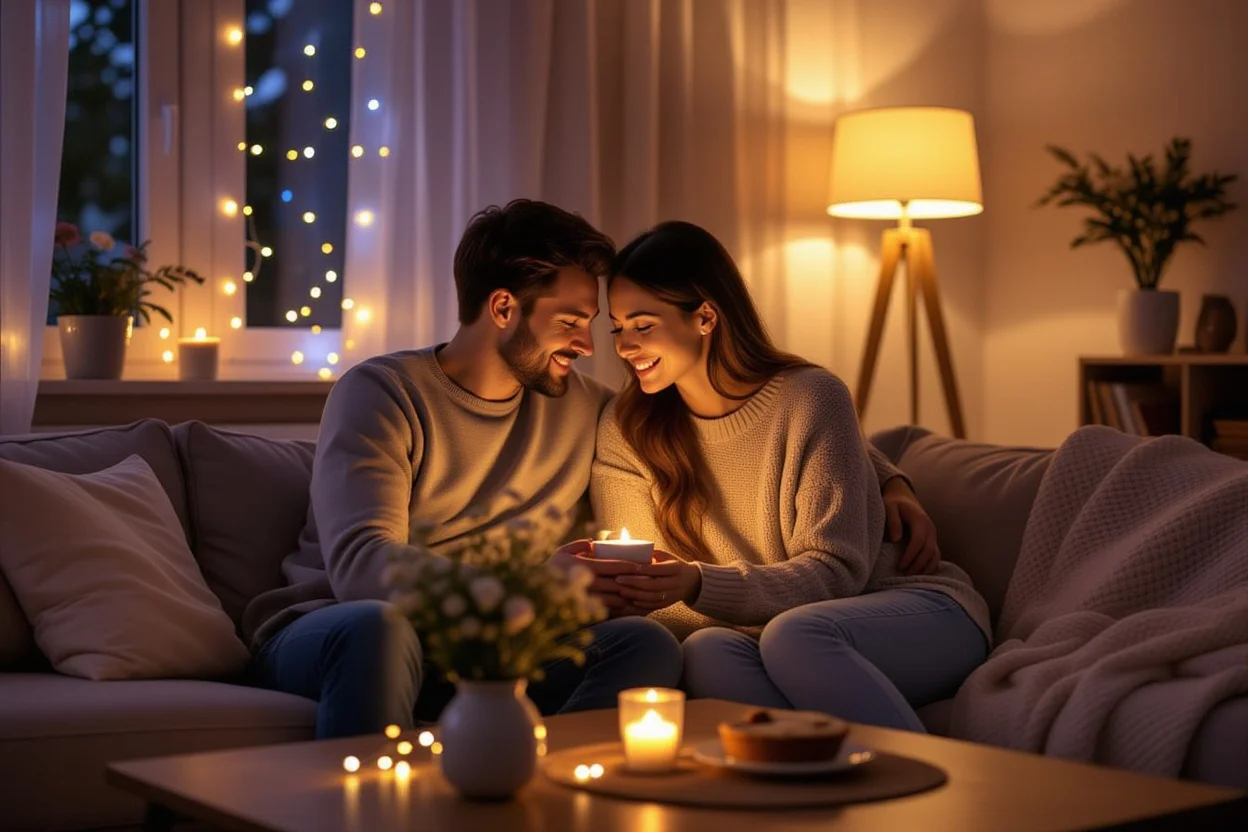 Couple enjoying romantic evening at home with fairy lights, flowers, and dessert on ordinary weeknight