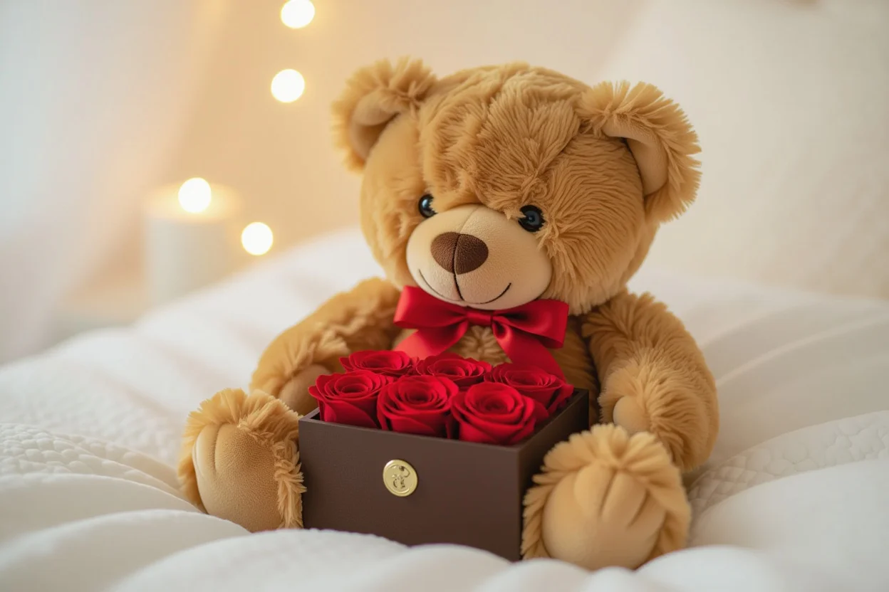 Mountova Pro Teddy Bear with hidden preserved roses surprise gift for romantic occasions