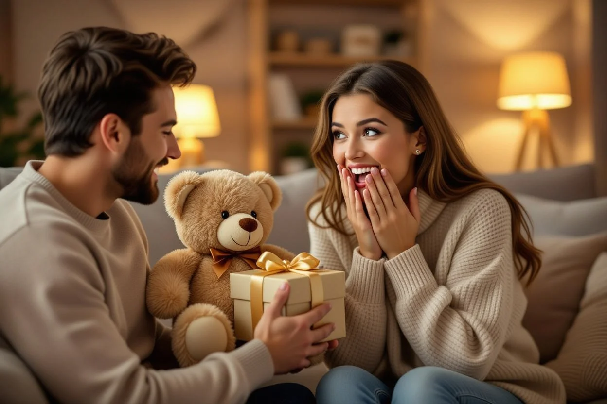 Romantic surprise gift moment with couple and teddy bear present for Valentine's Day