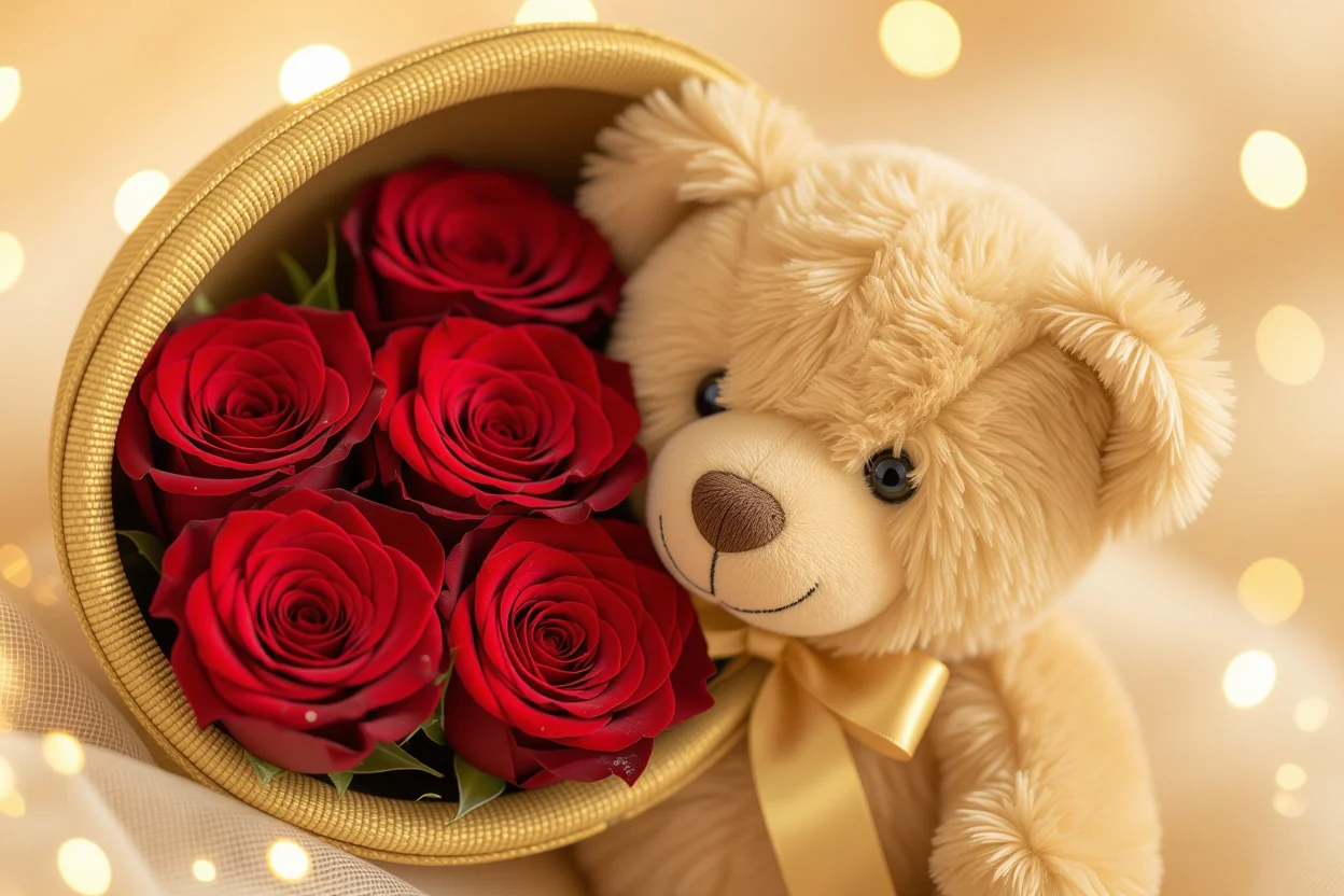 Preserved roses hidden inside teddy bear gift showing lasting romantic surprise element