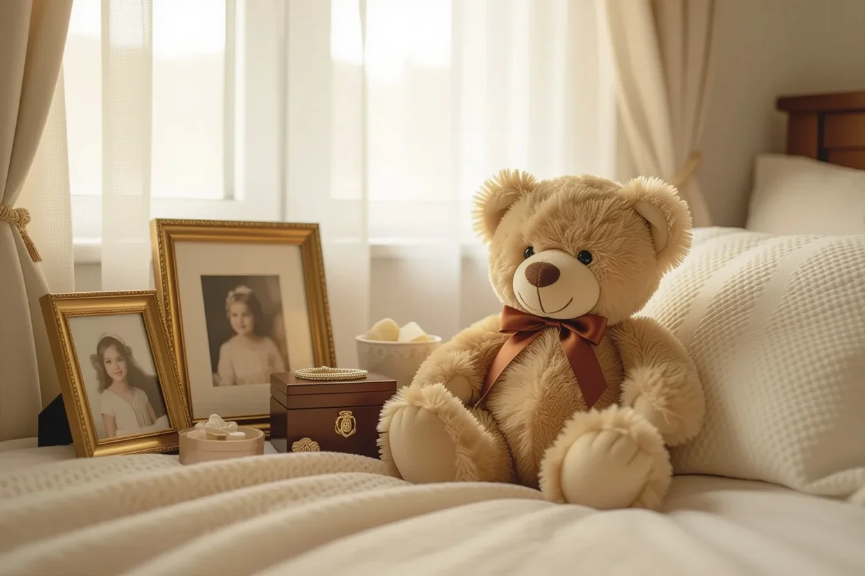 Teddy bear gift displayed as cherished keepsake in bedroom showing lasting impact of romantic gifts
