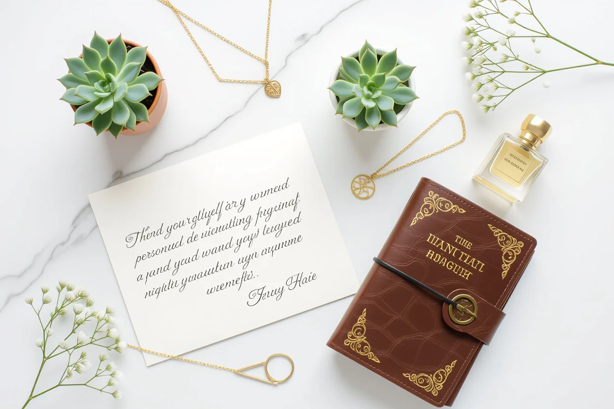 Thoughtful meaningful gifts for women including handwritten letter, journal, and jewelry arranged on marble surface