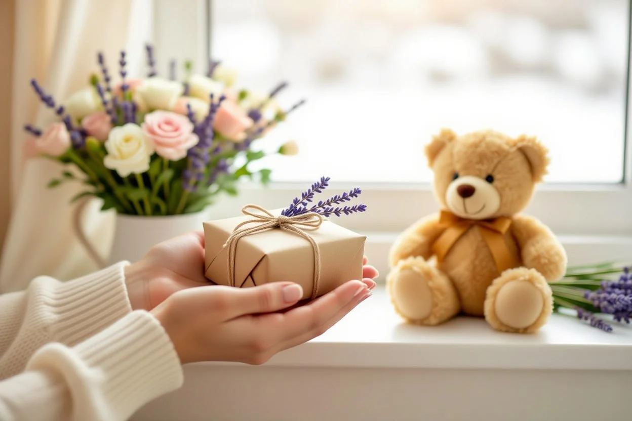 Hands holding thoughtfully wrapped gift with teddy bear and generic flowers blurred in background showing gift choice contrast