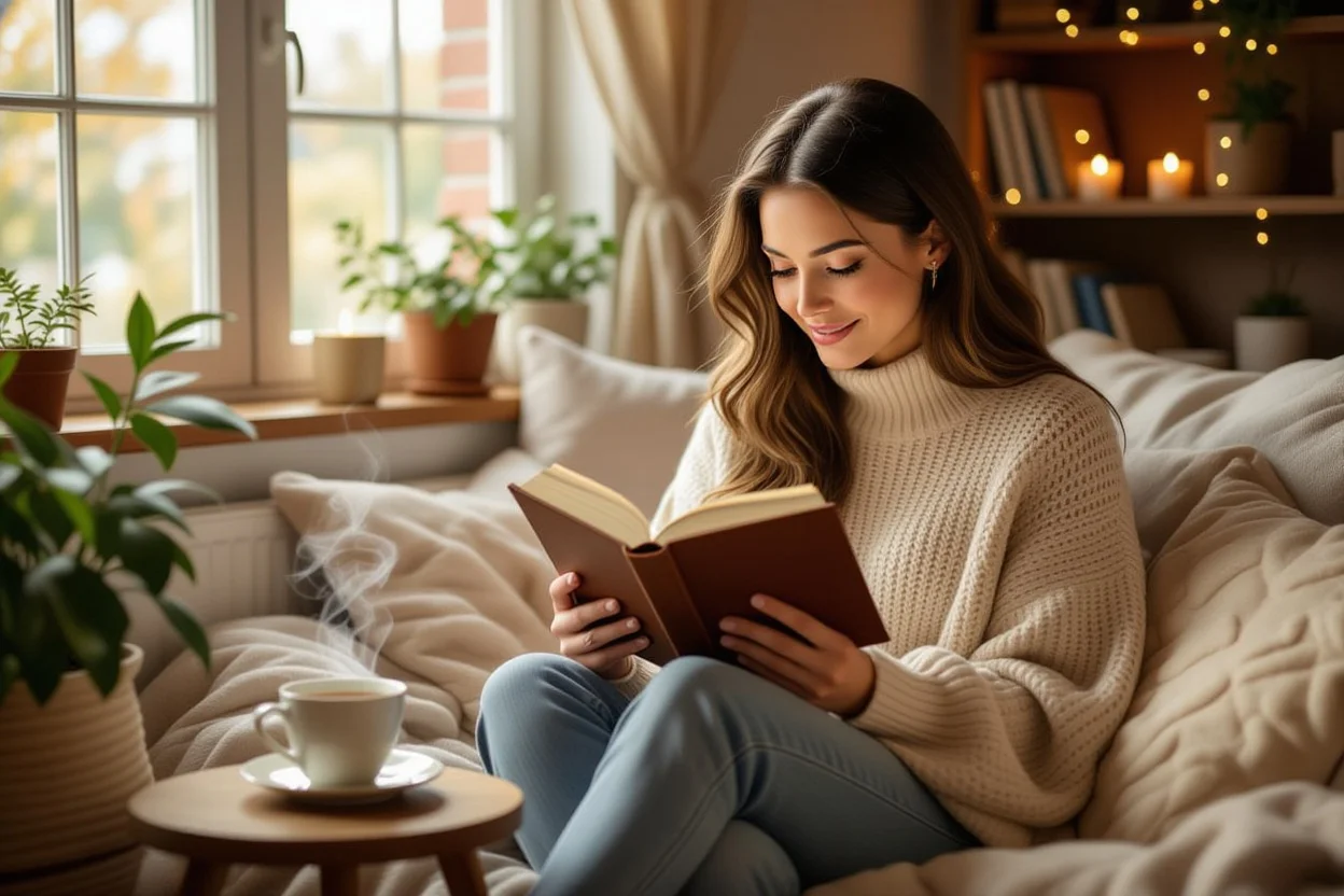 Woman enjoying personalized gift book in cozy reading corner showing meaningful gift appreciation
