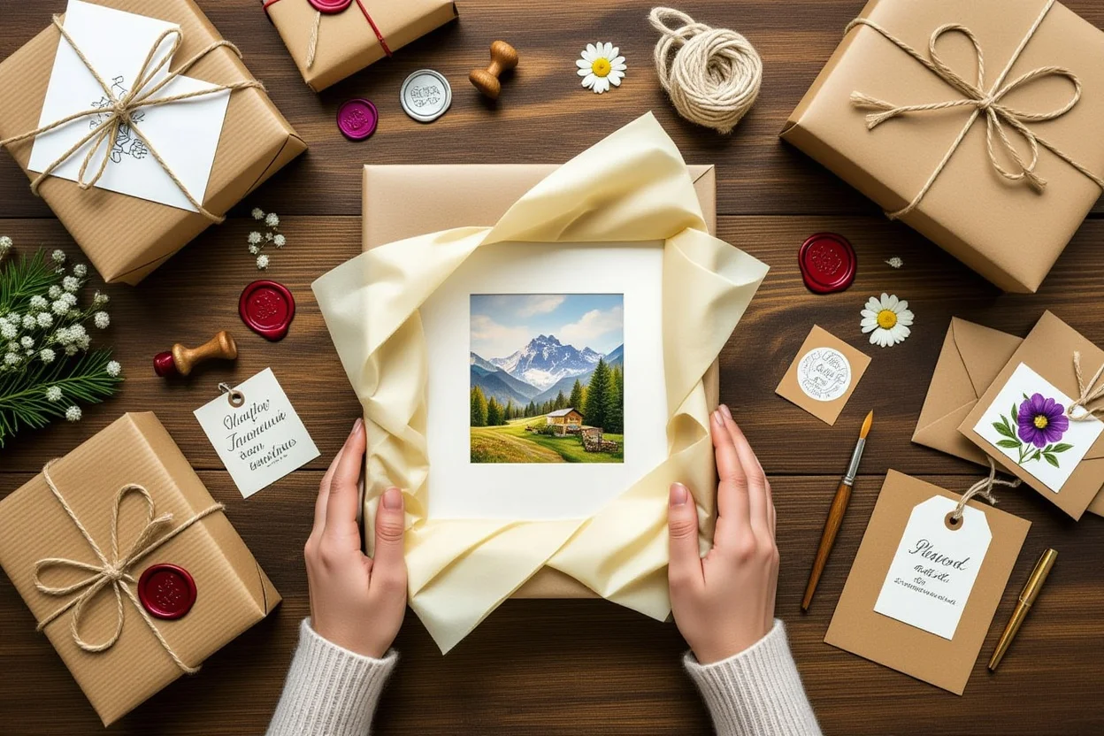 Gift wrapping station overhead view showing careful preparation of meaningful personalized gift with artisanal wrapping materials