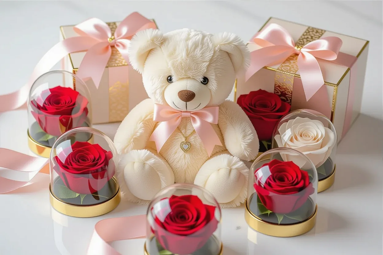 Mountova teddy bear with hidden necklace compartment and preserved flowers romantic gift set
