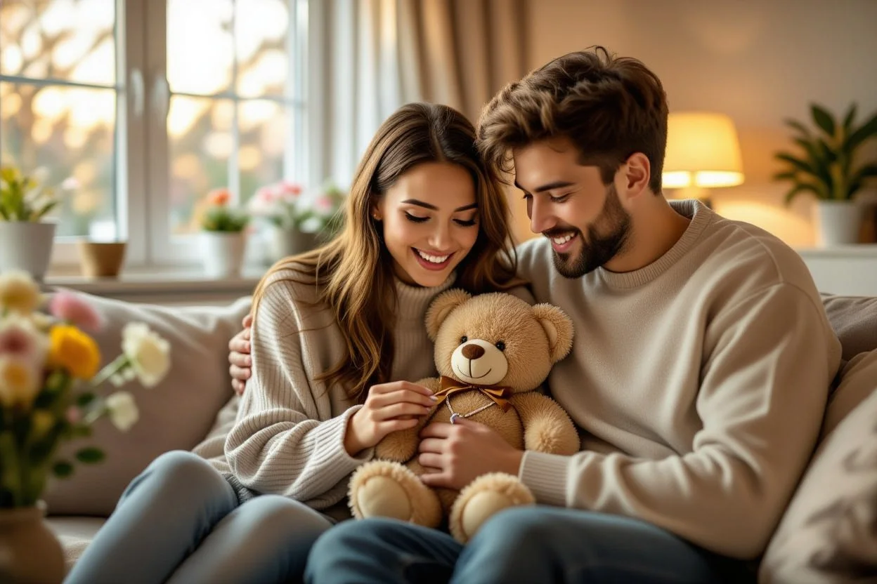 Woman receiving romantic teddy bear gift with hidden necklace surprise from boyfriend
