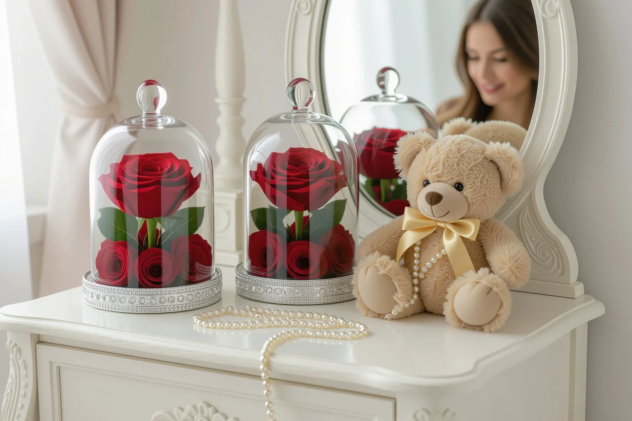 Preserved flowers and teddy bear romantic gifts displayed as lasting bedroom decor