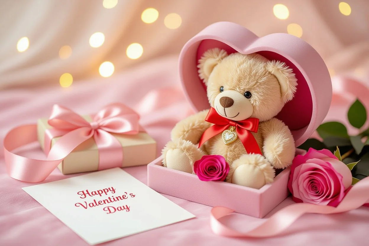 Valentine's Day romantic gifts flat lay with teddy bear, hidden jewelry, and preserved flowers