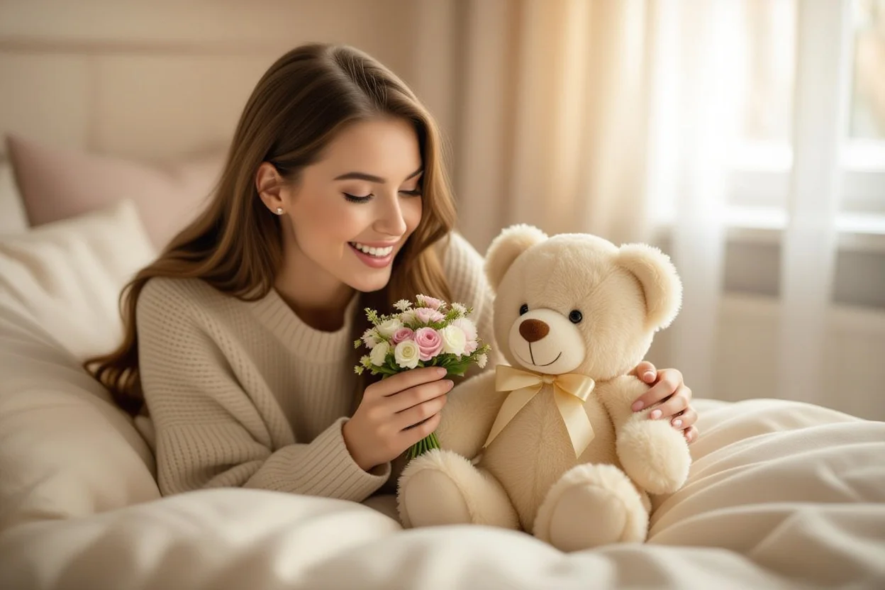 Woman discovering romantic surprise gift hidden inside teddy bear Valentine's Day