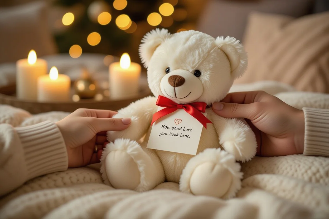 Couple romantic moment teddy bear gift with hidden love letter surprise