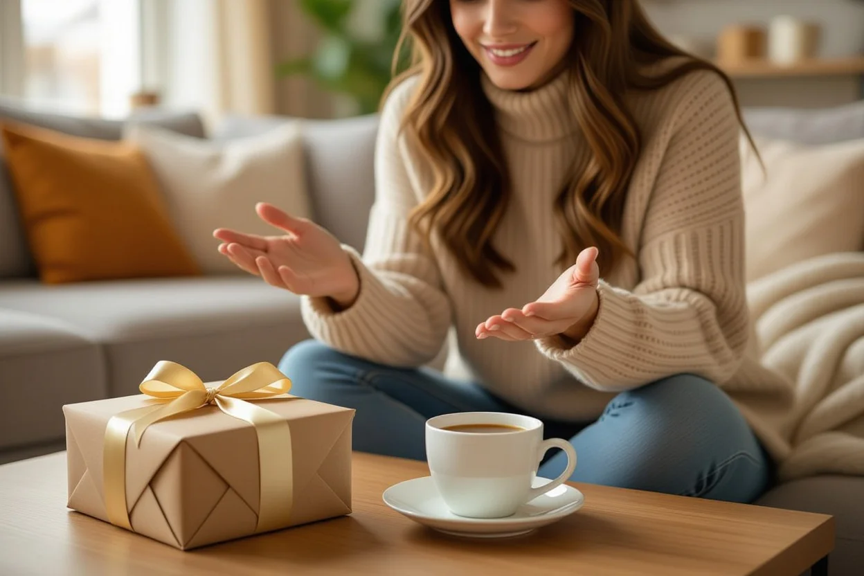 Woman discovering thoughtful surprise gift during her morning routine, everyday appreciation moment