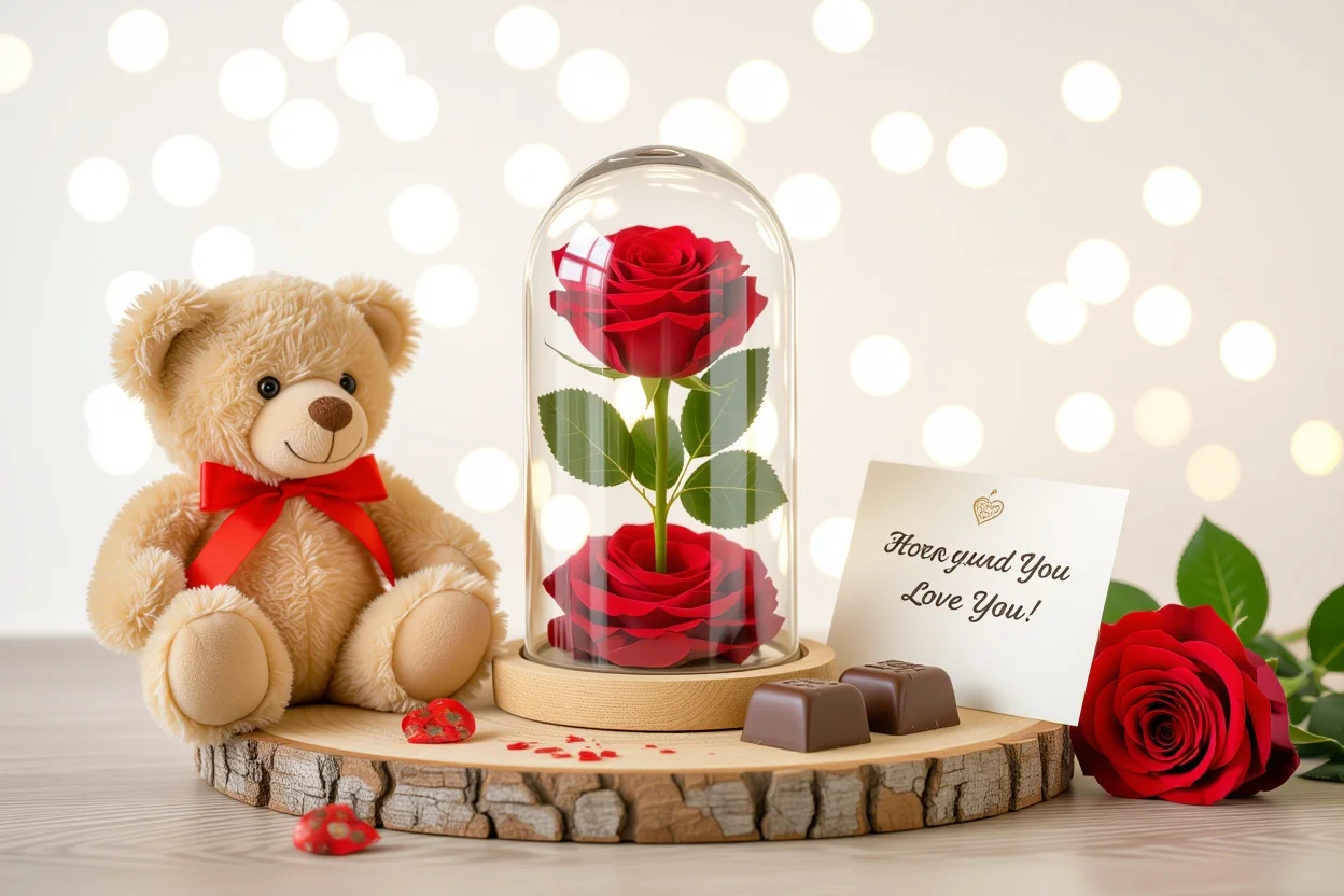Curated collection of romantic daily appreciation gifts including voice recording bear and preserved flowers