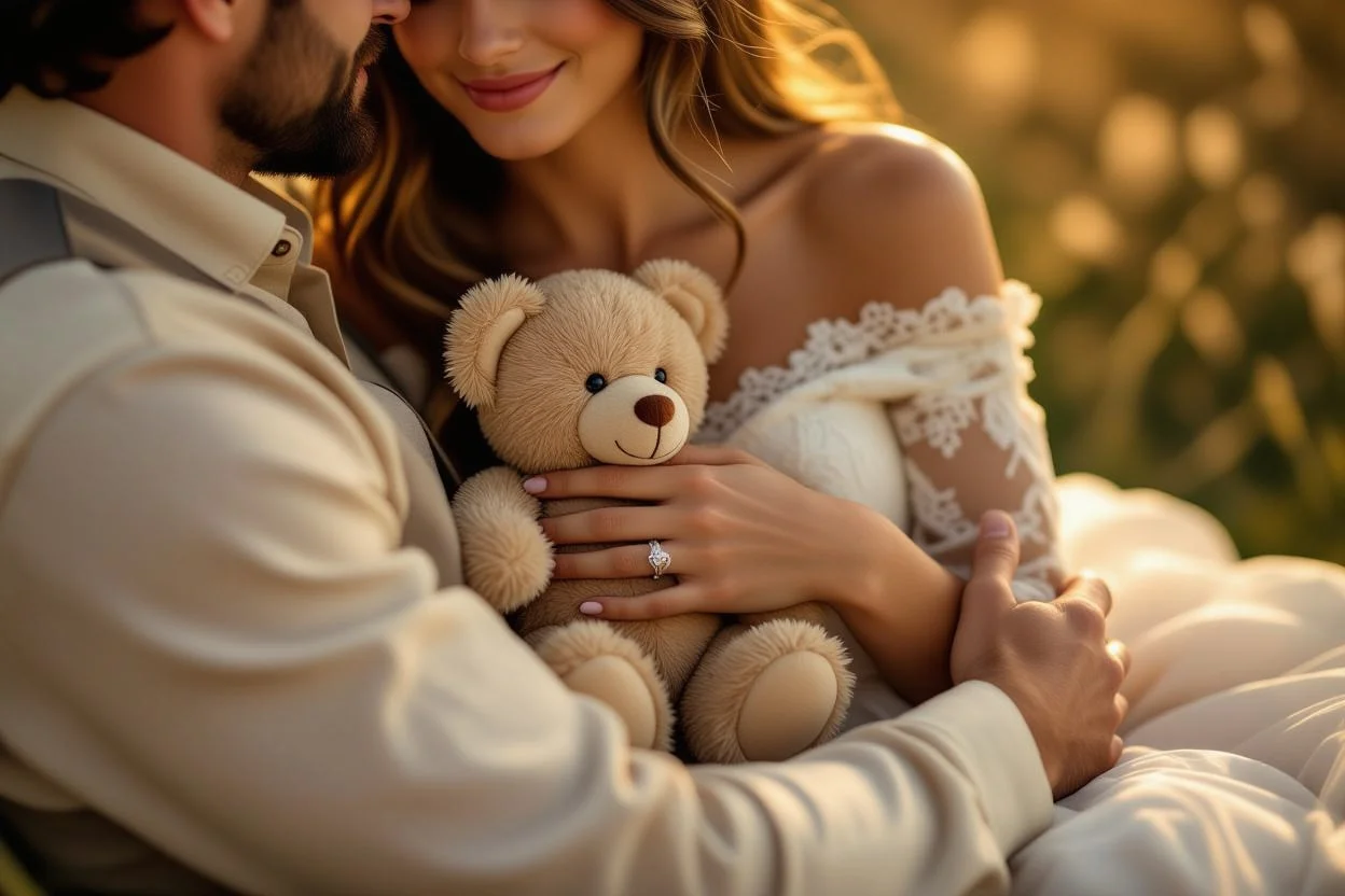 Intimate couple moment sharing thoughtful teddy bear gift, expressing daily love and appreciation in relationship