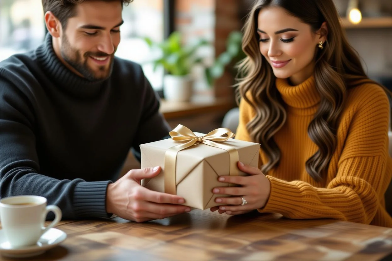 Intimate moment of thoughtful gift giving between couple focusing on emotional connection over material value