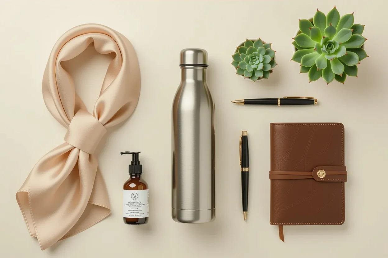 Elegant flat lay of practical romantic gifts combining luxury with everyday utility for Valentine's Day