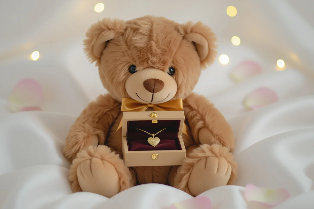 Romantic teddy bear with hidden jewelry compartment and heart necklace surprise gift
