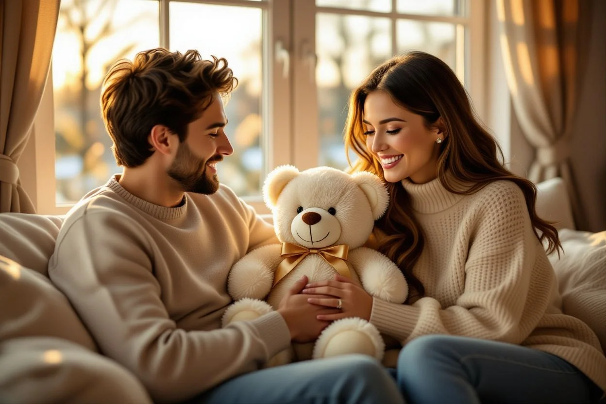 Couple sharing romantic teddy bear gift moment for relationship healing