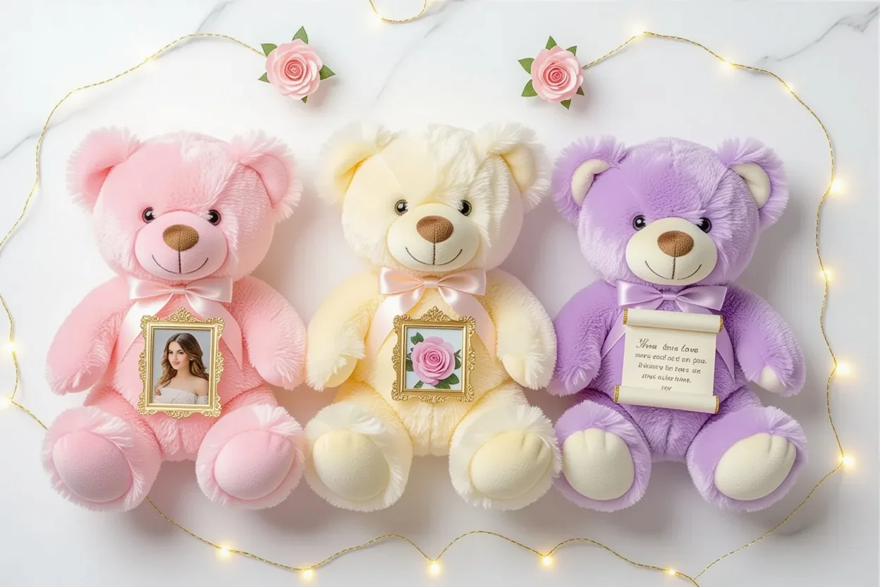Collection of romantic teddy bear gifts with hidden surprises and preserved flowers
