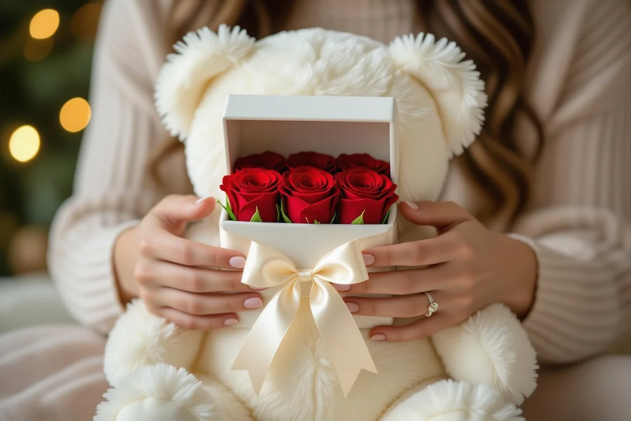 Woman discovering preserved roses hidden inside romantic teddy bear surprise gift