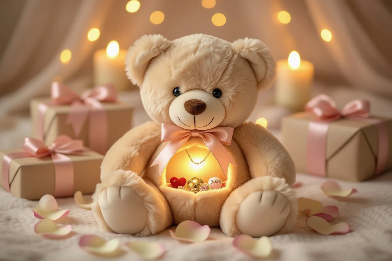 Teddy bear with hidden gift compartment revealing romantic surprises and jewelry for girlfriend