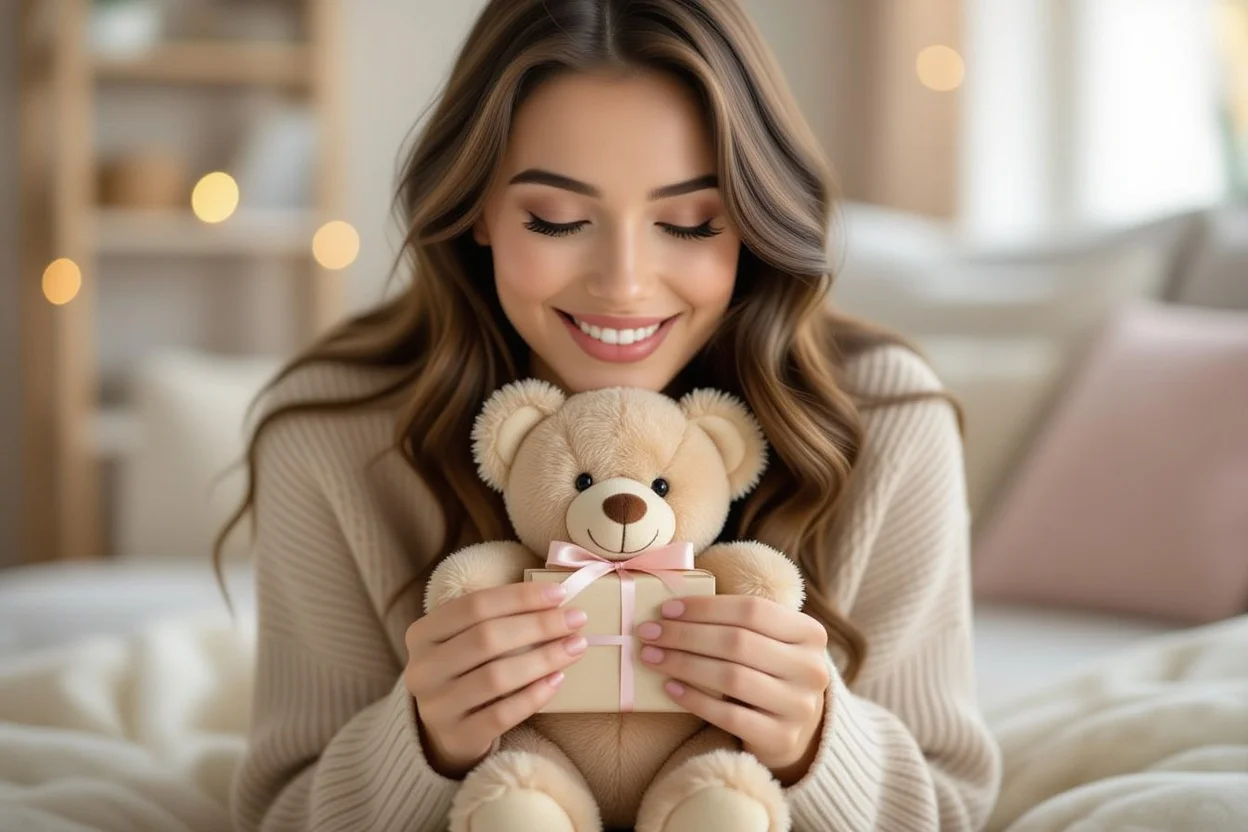 Woman discovering hidden gift inside surprise teddy bear showing joy and romantic excitement