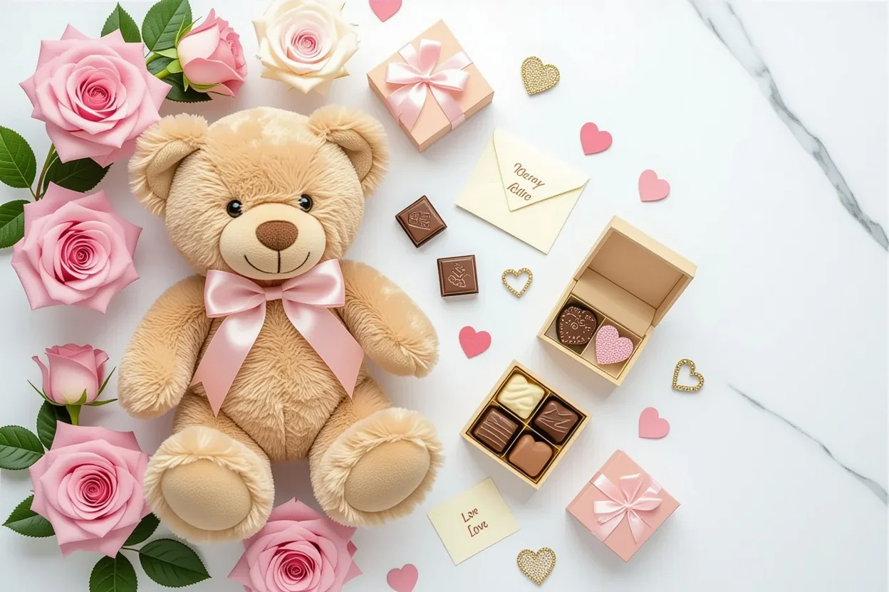 Romantic gift arrangement with teddy bear and hidden surprise gifts for relationship milestones