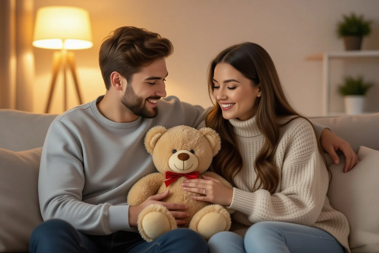 Couple sharing intimate moment with surprise teddy bear gift showing spontaneous romantic gesture