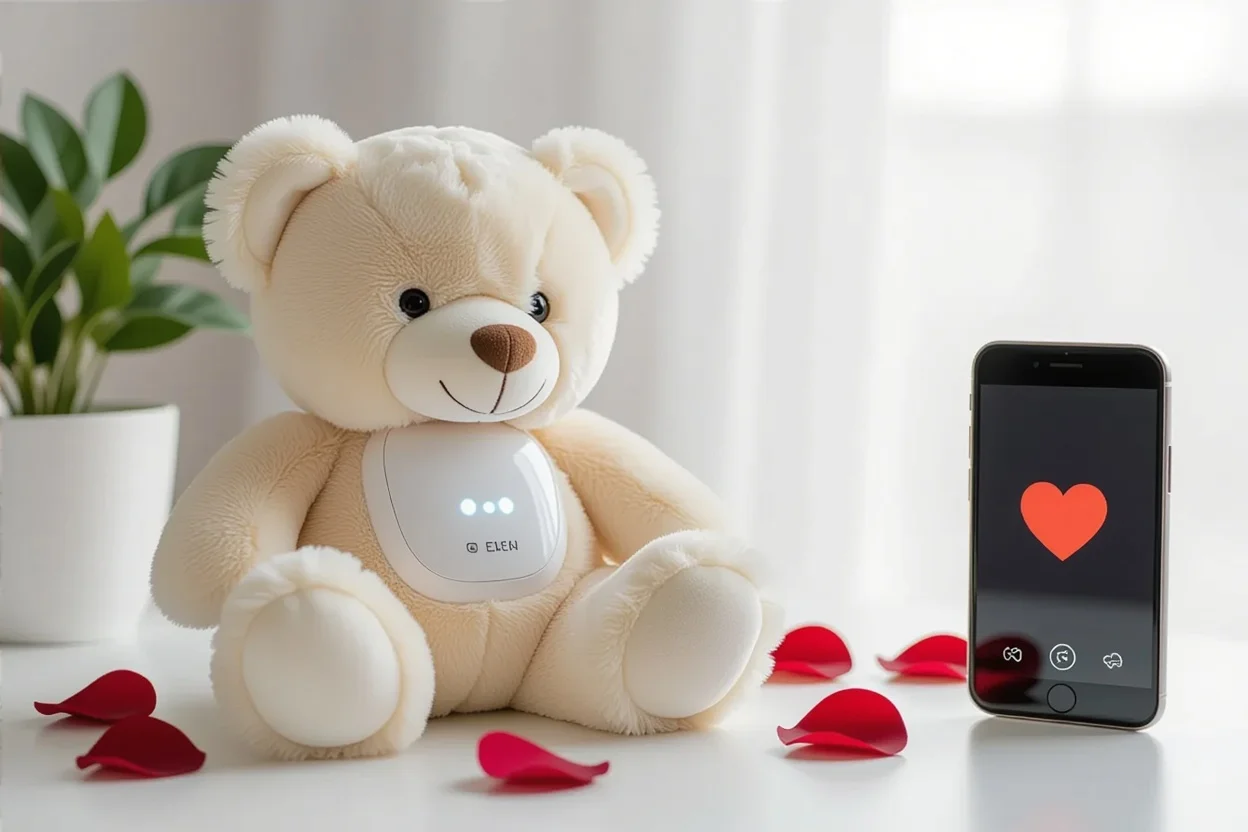 Smart teddy bear with tech features next to smartphone - innovative romantic gift for her