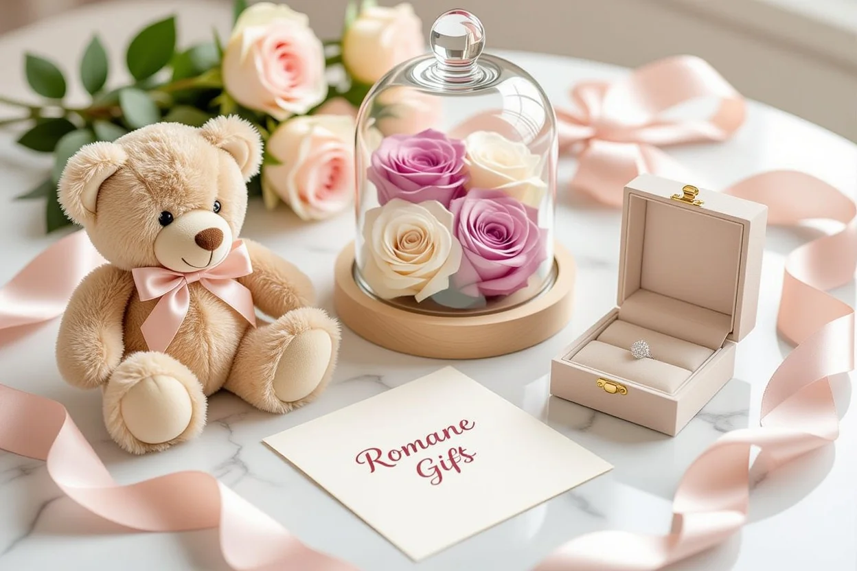 Thoughtful romantic gifts flat lay featuring smart teddy bear and practical presents for women