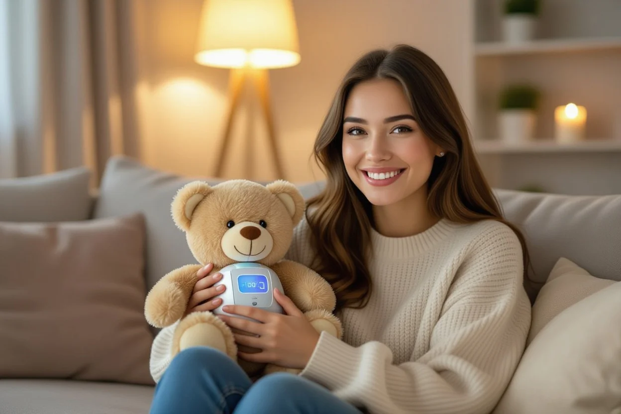 Woman happily receiving smart teddy bear gift - authentic Valentine's Day surprise moment