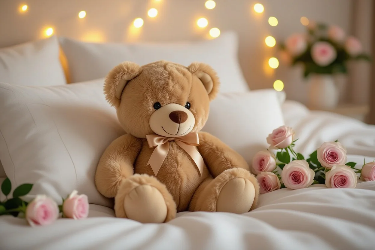 Mountova Pro teddy bear romantic gift setup with roses and fairy lights on bed